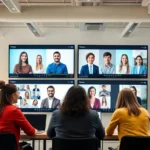 Engaging chat platform interface with professional users collaborating effectively online,