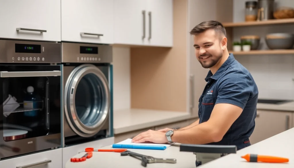 Trusted appliance repair Hamilton service technician fixing refrigerator in a clean kitchen,