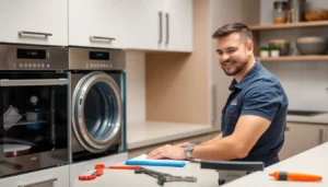 Trusted appliance repair Hamilton service technician fixing refrigerator in a clean kitchen,