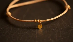 Zlota bransoletka na sznurku being worn on wrist by model, highlighting fine details and gold