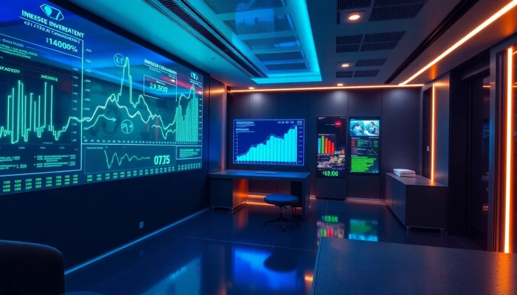 Professionals analyzing Tech Investment Insights with digital graphs and holograms highlighting