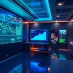 Professionals analyzing Tech Investment Insights with digital graphs and holograms highlighting
