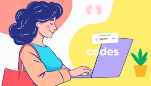 Digital illustration showing a person accessing coupon codes on a laptop to save money online