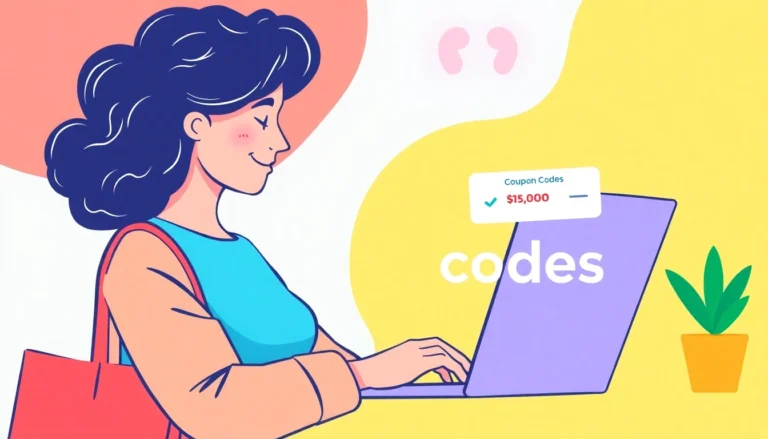 Digital illustration showing a person accessing coupon codes on a laptop to save money online