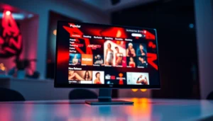 A modern adult entertainment website displayed on a computer monitor with colorful thumbnails and categories, glowing with inviting colors and sleek design.