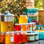 Shop of the apicultor-apidroches showcasing stainless support, 300kg food-grade drums, honey
