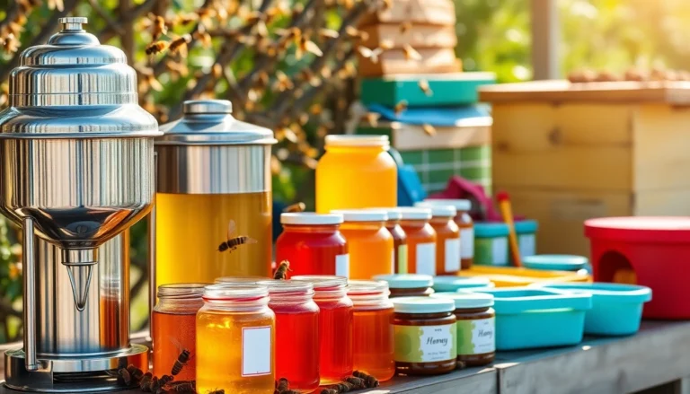 Shop of the apicultor-apidroches showcasing stainless support, 300kg food-grade drums, honey